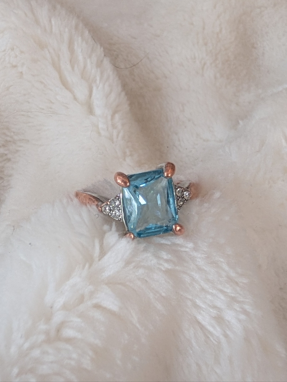 Sterling Silver Blue Emerald Cut Cocktail Ring Rose Gold Tone Statement Size 5.5